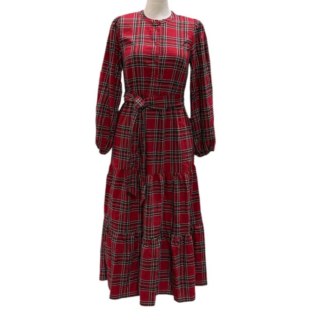 Lands' End Women's Relaxed Fit Flannel Tiered Maxi Dress - Red